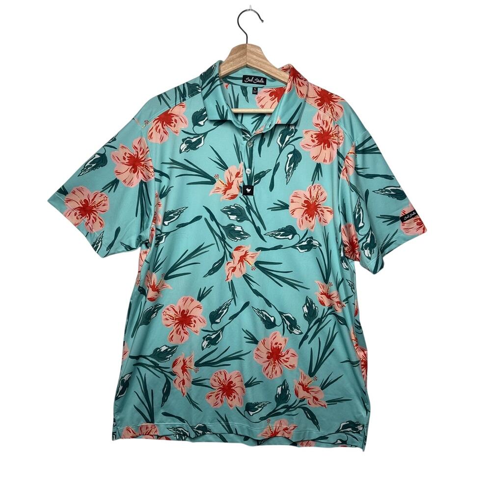 Bad Birdie Never Lei Up Floral Golf Polo Men’s XL Blue Hawaiian Print Athleisure